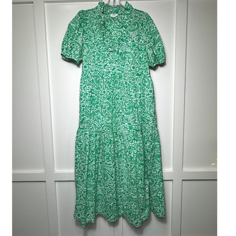 Crown & Ivy Green White Paisley Clip Dot Tiered Midi Dress Womens Small‎ Pockets